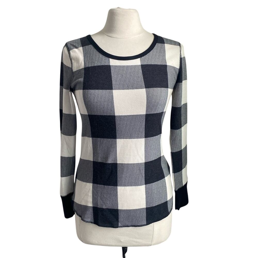 OLD NAVY Buffalo Plaid Top Womens Sz Small Black Waffle Thermal Cabincore
